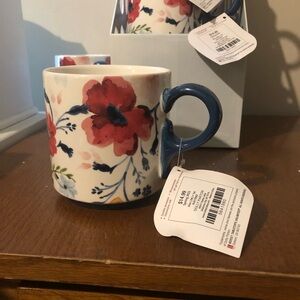 Floral Ceramic Mug with Blue Handle